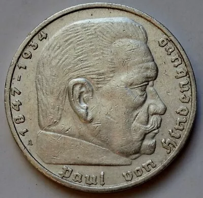 5 Reichsmark 1937 A Third Reich Germany Paul Von Hindenburg 5 Mark • $28.95