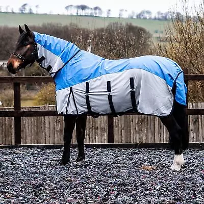 600D 2 In 1 Waterproof Fly Turnout Mesh Horse Rug Fixed Neck Blue/Grey 5'6-6'9 • £39.99