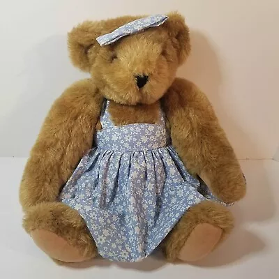 Vermont Teddy Bear Company Brown Fully Jointed Blue Floral Dress 16  USA Made • $24.97