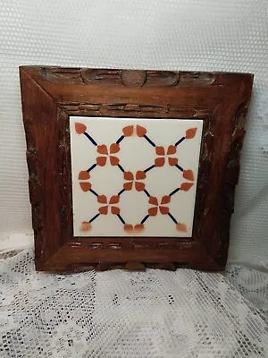 Vintage Mexican Tile In Hand Carved Wood Frame7  Square Trivet Ethnic Folk Art • $23.45