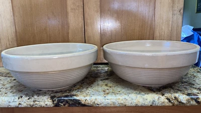 $75 • Buy 2 Vintage Farmhouse Stone Crock Pottery Milk Mix Bowl 9”  Cream Glaze USA  Exc.