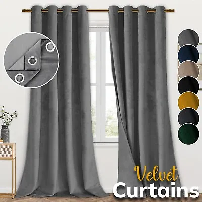 Luxury Blackout Velvet Curtains Ring Top Ready Made Pair Panel Bedroom Curtain • £3.59