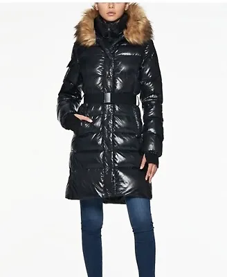 S13 Women's Chalet Belted Faux-Fur-Trim Hooded Down Puffer Coat XS Gloss Black • $189