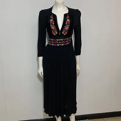 Free People Flora Dress Women's S Black Embroidered Velvet Boho Romantic Midi • $41.98