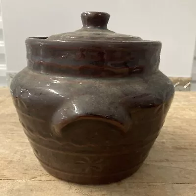 Mar Crest Stoneware Bean Pot Crock Lid Daisy Dot Oven Proof Dark Brown Vintage  • $35.95