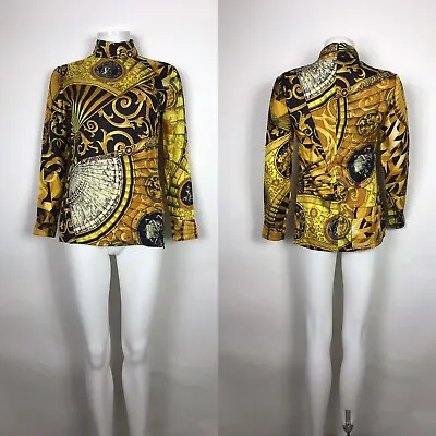 Rare Vtg Gianni Versace 90s Istante Label Yellow Gold Print Silk Top XS • $288