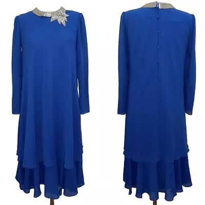 Vintage Miss Elliette Blue Overlay Draped Floral Beaded Neckline Dress Size S • $49.13