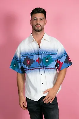 Mens Vintage White Blue Red Aztec Pattern Western Shirt By Brooks & Dunn • £28