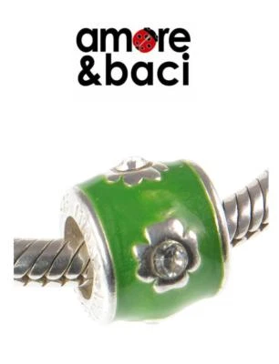 £13.99 • Buy AMORE & BACI 925 Silver, Green Enamel & Swarovski CRYSTAL FLOWER Charm Bead