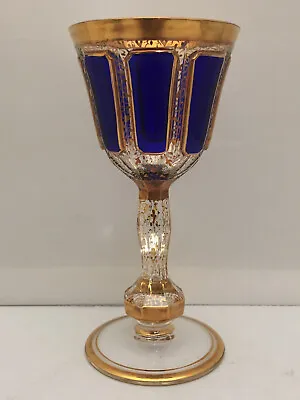 Heavy Bohemian Moser-Style Glass Wine Goblet Clear Cobalt Blue Cabochon & Gold • $195