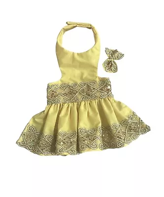 Handmade Fancy  Yellow Dog Dress Size Medium Dog Clothes With A Free  Hair Bow. • $19.50