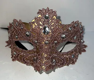 Lace Mardi Gras Masquerade Mask Embellished Gems For Women Gold Light Pink • $15