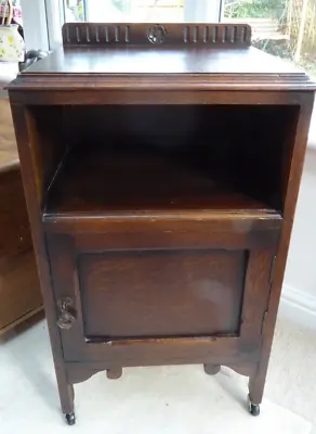 Vintage  Oak Bedside Cabinet Top Shelf Brass Drop Handle On Casters 1930 40s • £65