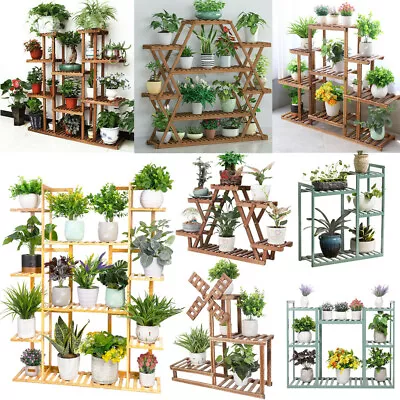 Multi Tiered Wooden/Bamboo Plant Stand Garden Patio Large Flower Exhibition Rack • $37.91