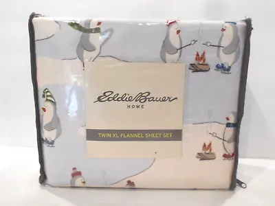 NEW Eddie Bauer Home Skating Penguins TWIN XL Flannel Sheet Set • $43