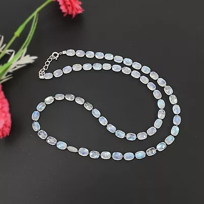 Rainbow Moonstone & Blue Sapphire Beads 925 Sterling Silver Faceted Necklace • $192.10