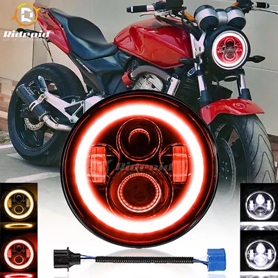 7  Round LED Headlight Red Halo For Harley Heritage Softail Slim Deluxe Fatboy • $29.98