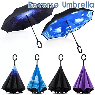 $16.19 • Buy Windproof Inverted Upside Down Reverse Umbrella C-Handle Double Layer Inside-Out