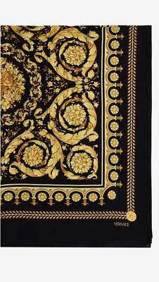 100% Silk Versace Barocco Motif Large Scarf/ Stole In Shades Of Black And Gold. • $200