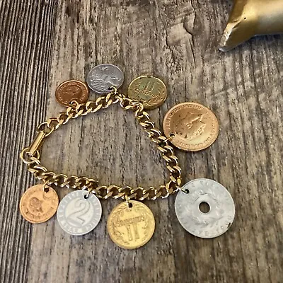 Vintage Charm Bracelet Coins Gold Tone Dangle Retro  6.5” Asmr 1960’s Coins • $24.99