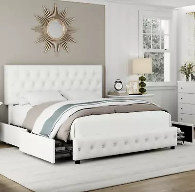 King Size Platform Bed Frame Storage Upholstered Leather Headboard Tufted White • $399.97