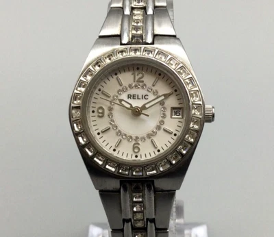 $17.99 • Buy Relic Watch Women Silver Tone Date Round Dial Pave Bling New Battery 6.75 