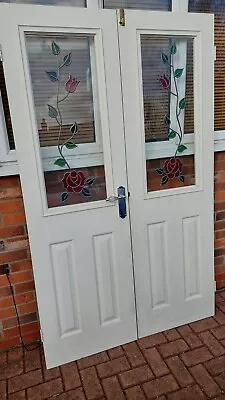 Pair Of Victorian 4 Panel Internal White  Doors Stain Glass Window 190cm X 60cm • £55