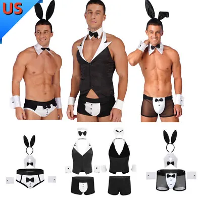 US Men's Waiter Cosplay Costume Tuxedo Lingerie Boxer Briefs With Bow Tie Cuffs • $10.43