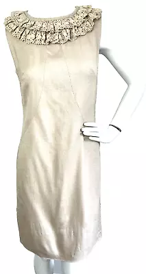 Vintage 50s-60s Helen Whiting Dress Sheath Crochet Lace Trim Sleeveless Beige S • $49.95