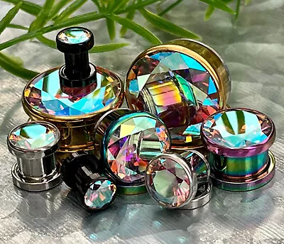 $15.95 • Buy PAIR Large Clear Or AB Gem PVD Plated Screw Fit Tunnels Ear Plugs Earlet Gauges