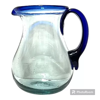 MARGARITA PITCHER LARGE HAND-BLOWN Mexican Art Glass Cobalt Blue Rim And Handle • $28.50