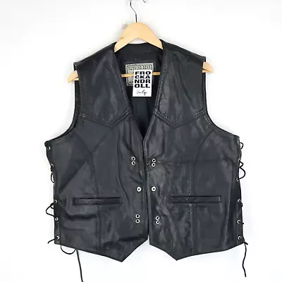 Black Leather Vintage Vest Waistcoat Biker SZ  2XL  (T519) • £19.95