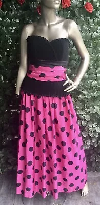 Vintage Trina Lewis Marjon Couture Black Pink Spotty Ball Cocktail Dress 80s 8 • £18.99