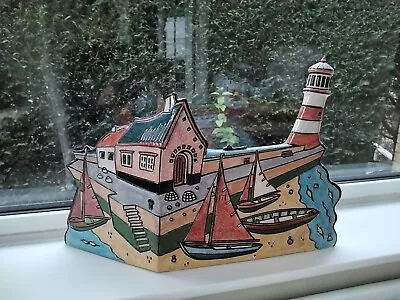 Large Andrew Osborne Raku Glaze British Studio Pottery Lighthouse Harbour Scene  • £650