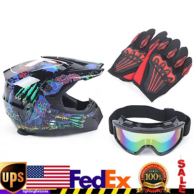 DOT Motorcycle Adult Helmet +Goggles +Gloves Motocross MX ATV Dirt Bike Off-Road • $40.85