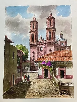 Vintage MCM Taxco Mexico Watercolor Painting Signed Chicho Mexican Church Art • $84.99