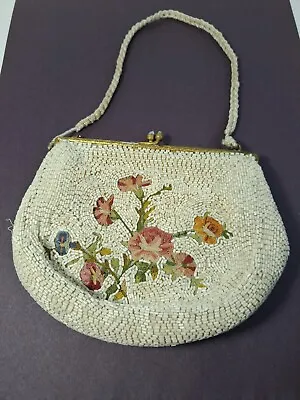 Glass Beaded Silk Evening Bag Purse Made In France Cream Vintage Metal Frame • $38.99