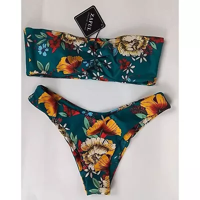 Zaful Small Women's Floral Print Bandeau Bikini Set High Cut Strapless Swimsuit • $29.99
