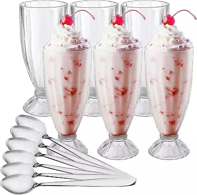 Milkshake Glass 6 Pack With 6 Long Metal Spoons Old Fashioned Soda Glasses Fou • $36.99