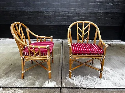 Vintage Mid Century McGuire Rattan Bamboo Chinoiserie Arm Chairs - A Pair • $1025