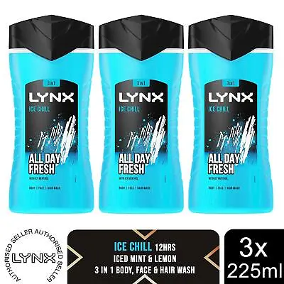 Lynx Ice Chill 12-H Refreshing Fragrance Shower Gel Body Wash For Men 3x225ml • £7.49