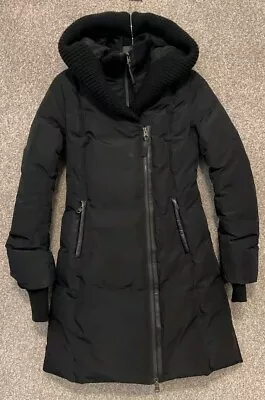 Mackage Womens Black Leather Trim Goose Down Puffer Hooded Jacket Coat Size XS • $79.99