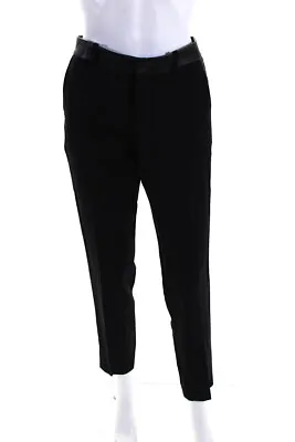 Vince Womens Leather Trim Waist Slim Leg Pleated Dress Pants Black Wool Size 6 • $52.45