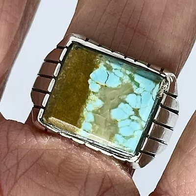 Number 8 Mine Navajo Turquoise Mens Ring Sz 10 Med Wd Rectangle Signed Jack • $94.94