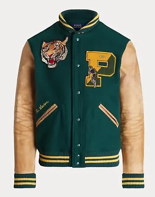 Polo Ralph Lauren Leather Wool Letterman Tiger Logo Varsity Jacket Green • $485.88