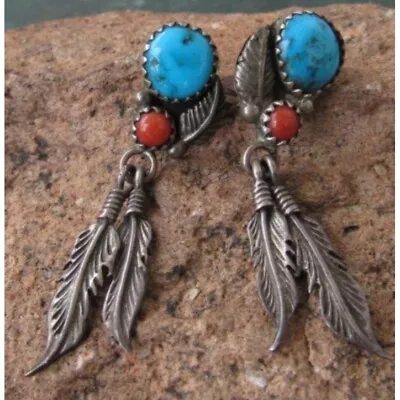 Vintage S. Dickens Navajo Sterling Silver Turquoise Coral Feather Earrings • $46