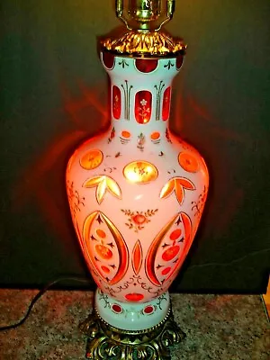   Moser  Bohemian White Glass Cut To Cranberry PAINTED BY FLOWER Lamp GWTW RARE • $499