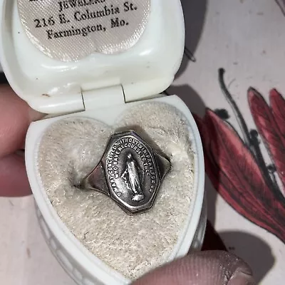 Ring Antique Catholic Mother Mary Signet Sterling Silver 5.75 • $99