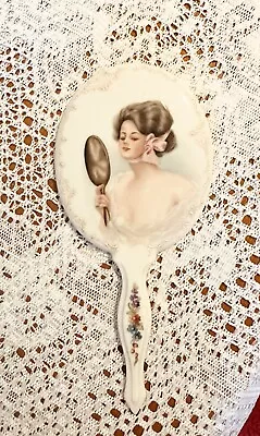 Vintage Victorian White Porcelain Precious Lady Transfer Vanity Hand Mirror • $125