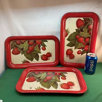 Vtg 3pc Mid-Century 1940-50’s Red Strawberry Metal Tin Serving Trays • $35.99